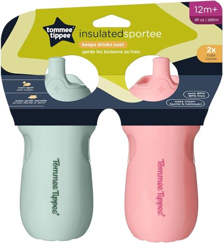 Tommee Tippee Insulated Sporty Bottle, 9oz, No Spill Toddler Water Bottle For 12 months +, Two-Piece Valve Helps Stop Spills, Pack of 2, Light Blue and Orange in Kuwait