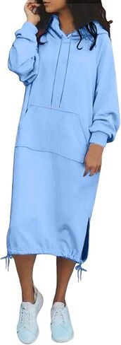 Women's Casual Loose Solid Color Drawstring Hoodie Fall Warm Fleece Sweatshirt Maxi Dress with Maternity Midi in Saudi Arabia