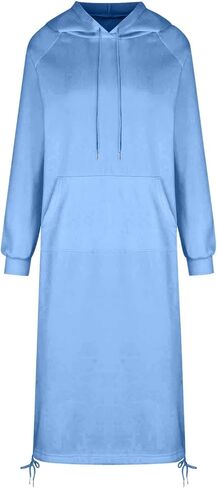 Women's Casual Loose Solid Color Drawstring Hoodie Fall Warm Fleece Sweatshirt Maxi Dress with Maternity Midi in Saudi Arabia