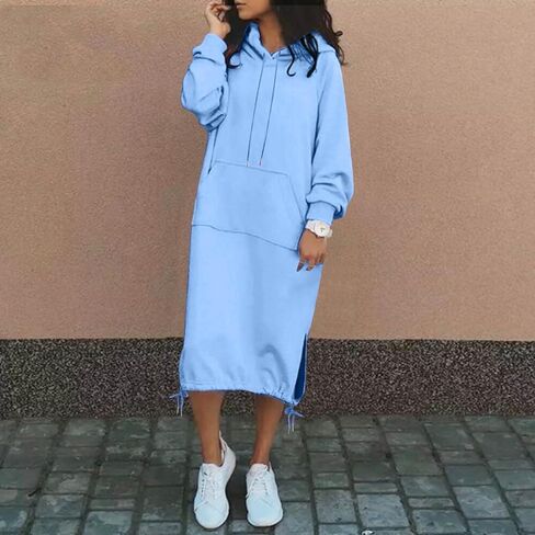 Women's Casual Loose Solid Color Drawstring Hoodie Fall Warm Fleece Sweatshirt Maxi Dress with Maternity Midi in Saudi Arabia