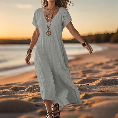 Frontaley و Linen v-neck Midi Dress Dress Dress Summer Dress Flowy Bohemian Style Frontaley Dresses Summer Summer in Saudi Arabia