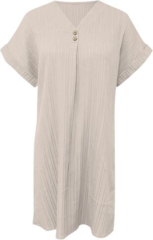 V Neck Solid Colour Pullover Comfortable Casual Button Down Dress Midi Dresses for Women Casual in Saudi Arabia