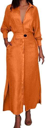 Button Down Shirt Dress Linen Solid Casual V-Neck Long Sleeve Maxi Dresses with Pockets Solid Midi Dress in Saudi Arabia
