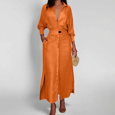 Button Down Shirt Dress Linen Solid Casual V-Neck Long Sleeve Maxi Dresses with Pockets Solid Midi Dress in Saudi Arabia