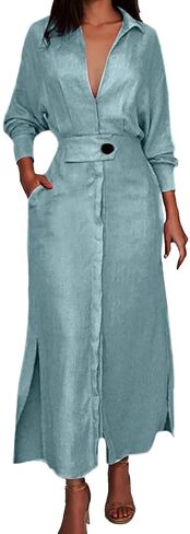 Button Down Shirt Dress Linen Solid Casual V-Neck Long Sleeve Maxi Dresses with Pockets Solid Midi Dress in Saudi Arabia