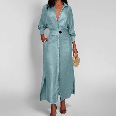 Button Down Shirt Dress Linen Solid Casual V-Neck Long Sleeve Maxi Dresses with Pockets Solid Midi Dress in Saudi Arabia