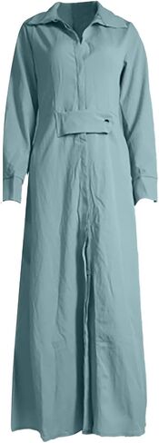 Button Down Shirt Dress Linen Solid Casual V-Neck Long Sleeve Maxi Dresses with Pockets Solid Midi Dress in Saudi Arabia