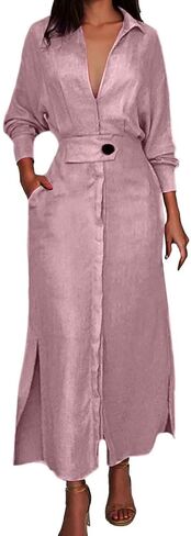 Button Down Shirt Dress Linen Solid Casual V-Neck Long Sleeve Maxi Dresses with Pockets Solid Midi Dress in Saudi Arabia