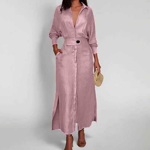 Button Down Shirt Dress Linen Solid Casual V-Neck Long Sleeve Maxi Dresses with Pockets Solid Midi Dress in Saudi Arabia
