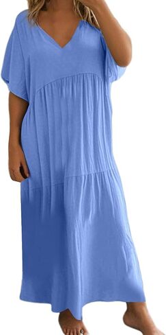 Women's Casual Solid Color V Neck Asymmetrical Maxi Dress with Flared Hem Dress Summer in Saudi Arabia