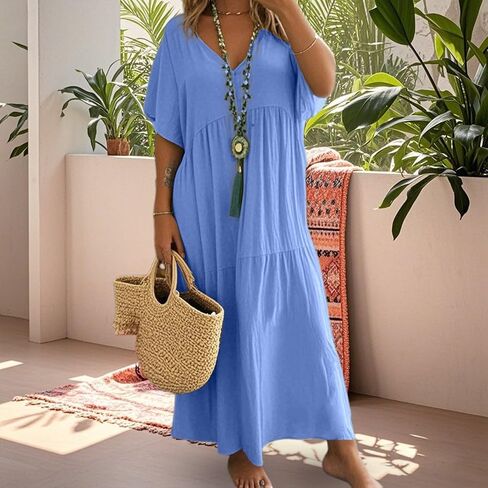 Women's Casual Solid Color V Neck Asymmetrical Maxi Dress with Flared Hem Dress Summer in Saudi Arabia