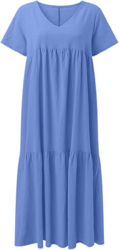 Women's Casual Solid Color V Neck Asymmetrical Maxi Dress with Flared Hem Dress Summer in Saudi Arabia