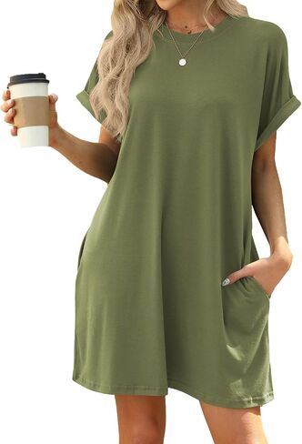 Women's Summer Casual Short Sleeve T Shirt Dress Solid Color Round Neck Loose with Pockets Dresses Tunic Women in Saudi Arabia