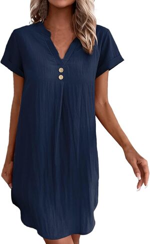 Women Fashion Solid Casual V Neck Versatile Loose Short Sleeve Long Dress Season Dress in Saudi Arabia