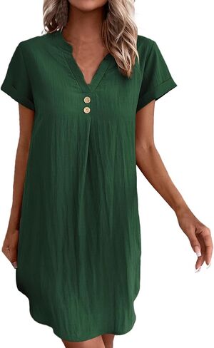 Women Fashion Solid Casual V Neck Versatile Loose Short Sleeve Long Dress Season Dress in Saudi Arabia