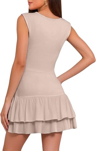 Womens Mini Dress Double Layered Ruffle Ruched Tiered Skirt Bodycon Sleeveless Tank Slim Fit Womens Dresses in Saudi Arabia