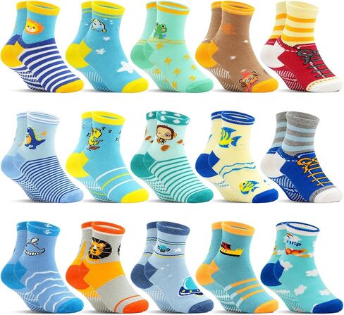 Kids Grip Socks 15 Pairs, Kids Boys Girls Non Slip Socks with Grips 1-7 Years, Cartoon Grippy Toddler Anti Slip Sock in Saudi Arabia