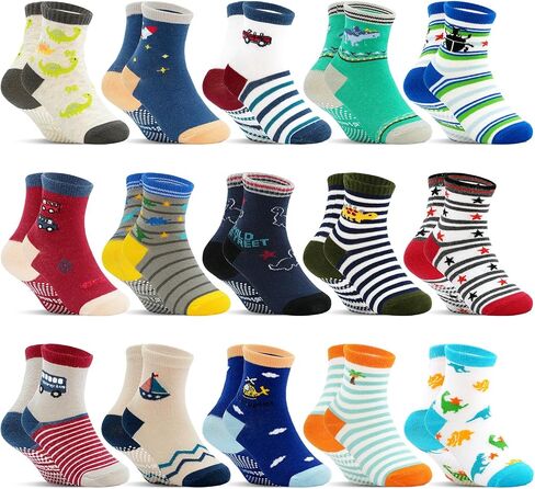 Kids Grip Socks 15 Pairs, Kids Boys Girls Non Slip Socks with Grips 1-7 Years, Cartoon Grippy Toddler Anti Slip Sock in Saudi Arabia