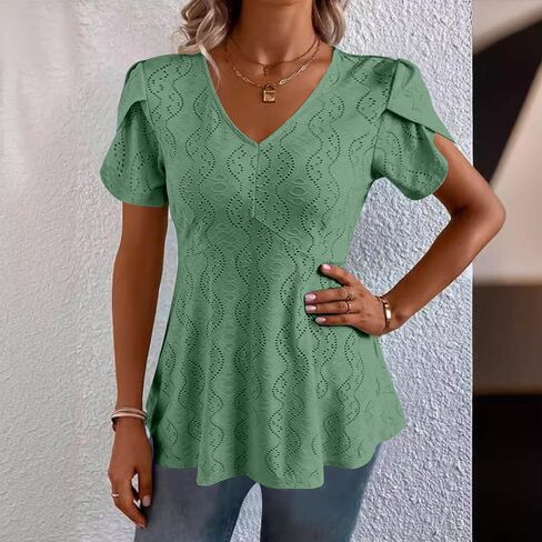 نساء بلوزات تنفخ نفخة قصيرة الأكمام قمم أنيقة V ربطة عنق القميص الأمامي peplum العيينة الدانتيل المطرزة Tee in Kuwait