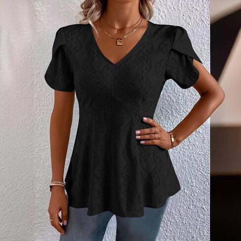 نساء بلوزات تنفخ نفخة قصيرة الأكمام قمم أنيقة V ربطة عنق القميص الأمامي peplum العيينة الدانتيل المطرزة Tee in Kuwait