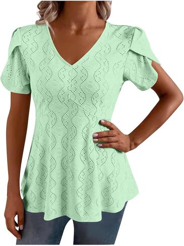 Women Dressy Blouses Puff Short Sleeve Tops Elegant V Neck Tie Front Shirt Peplum Eyelet Lace Embroidered Tee in Saudi Arabia