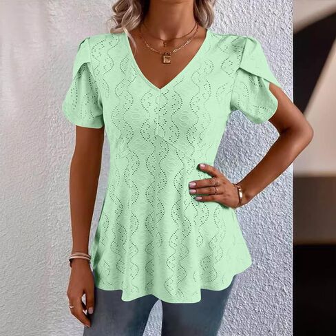 Women Dressy Blouses Puff Short Sleeve Tops Elegant V Neck Tie Front Shirt Peplum Eyelet Lace Embroidered Tee in Saudi Arabia