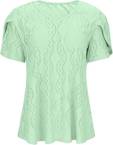Women Dressy Blouses Puff Short Sleeve Tops Elegant V Neck Tie Front Shirt Peplum Eyelet Lace Embroidered Tee in Saudi Arabia