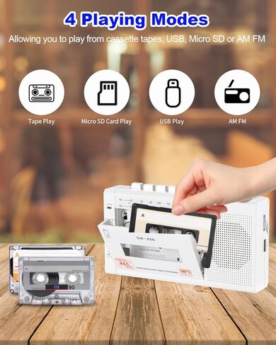 FIOLEES Portable Cassette Player Boombox AM FM, Cassette Tape Player Recorder with Loud Speaker and Earphone Jack, 4 C Batteries Operated or AC Powered, Build-in Microphone for Gift, Home in Kuwait