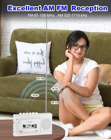 FIOLEES Portable Cassette Player Boombox AM FM, Cassette Tape Player Recorder with Loud Speaker and Earphone Jack, 4 C Batteries Operated or AC Powered, Build-in Microphone for Gift, Home in Kuwait