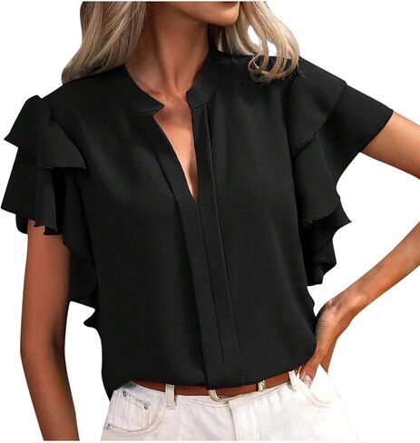 Womens Casual V Neck T Shirts Ruffle Sleeve Short Summer Tops for Women Solid Color Trendy Loose Fit Blouses Going Out in Saudi Arabia