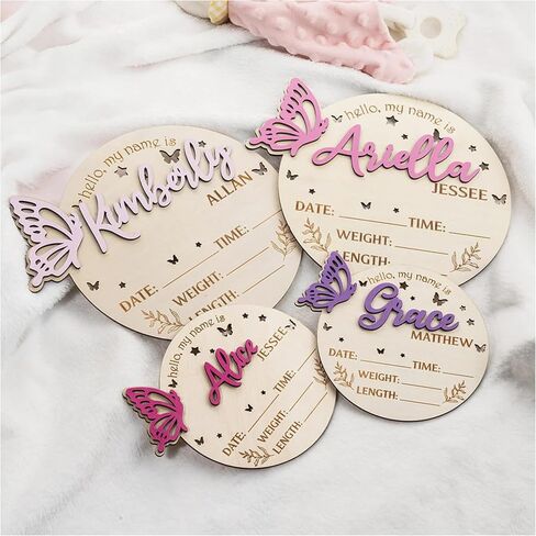 Double Sided - Personalized Wooden Custom Baby Name Announcement, Birth Announcement and Footprint Sign for Hospital, Baby Room Decor, Nursery Sign, Welcome Sign (Printed in USA - Ships Next Day) in Saudi Arabia