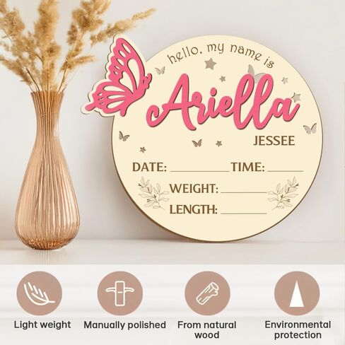 Double Sided - Personalized Wooden Custom Baby Name Announcement, Birth Announcement and Footprint Sign for Hospital, Baby Room Decor, Nursery Sign, Welcome Sign (Printed in USA - Ships Next Day) in Saudi Arabia