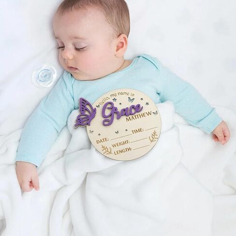 Double Sided - Personalized Wooden Custom Baby Name Announcement, Birth Announcement and Footprint Sign for Hospital, Baby Room Decor, Nursery Sign, Welcome Sign (Printed in USA - Ships Next Day) in Saudi Arabia