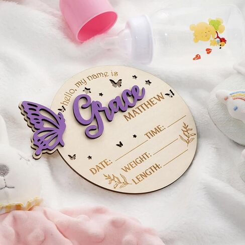 Double Sided - Personalized Wooden Custom Baby Name Announcement, Birth Announcement and Footprint Sign for Hospital, Baby Room Decor, Nursery Sign, Welcome Sign (Printed in USA - Ships Next Day) in Saudi Arabia
