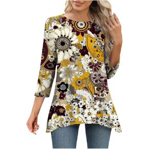 Womens Tops 3/4 Length Sleeves Crew Neck Blouses Dressy Casual Flowy T Shirts Summer Loose Fit Basic Clothes