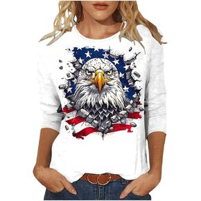 Patriotic Shirts for Women Funny Print American Flag 3/4 Sleeve Shirt Crewneck Lightweight Loose Fit Soft Blouse