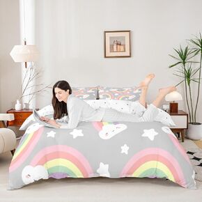 Castle Fairy Cute Rainbow Kids Duvet Cover Set Toddler Size,Hearts and Clouds Bedding Set,Boys Girls Room Decor,Baby Yellow Quilt Cover,No Comforter