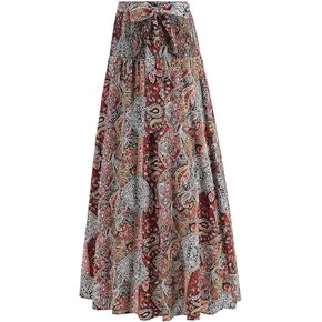 Tropical Print Hawaii Maxi Skirts for Women Summer Drawstring High Waisted Boho Tiered Swing Pleated Flowy Skirt
