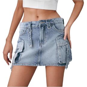 Denim Skort Skirts for Women Casual Mini Jean Skirt Stretch Low Waisted Zip Fly Cargo Denim Skirt Streetwear