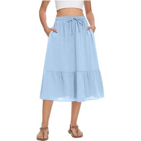 Women's Midi Skirt Summer Pleated Flowy Drawstring Elastic High Waisted Skirts with Pockets Beach Outfits Clothes
