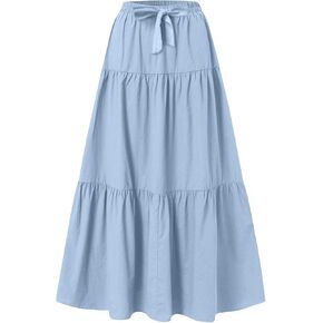 Womens Ruffle Maxi Skirts High Waist Elastic Layered Pleated Long Skirt Summer Casual Flowy Skirts with Drawstring