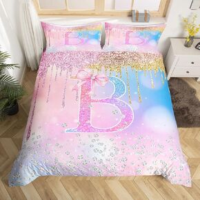 jejeloiu Pink Rose Gold Duvet Cover Kids Boys Girls,Toddler,Glitter Diamond Pattern Bedding Set,Pink Bow Comforter Cover,Personalized Letter E Bedspread Cover,Monogrammed,No Comforter