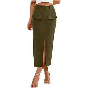 Women's High Waisted Front Split Maxi Skirt Elegant Business Work Skirts Evening Party A-Line Skirts with Pockets
