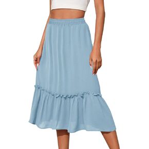 Women's Midi Summer Flowy Swing A-Line Skirts Casual Elastic Waist Tiered Long Skirt Beach Vacation Outfits Clothes