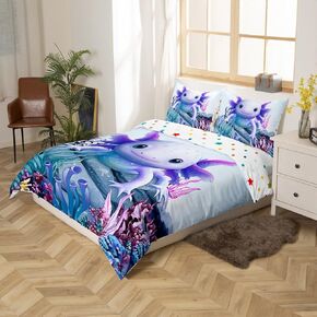 jejeloiu Cartoon Salamande Duvet Cover Toddler Size Cute Axolotl Bedding Set for Kids Reptile Animal Comforter Cover Women Men Teens Ultra Soft Decor Light Blue All Season Breathable Lightweight