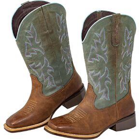 SheSole Extra Wide Calf Cowboy Boots for Women - Square Toe & Classic Stitching with Earth Tones, Removable Cushion Insoles | Roomy Comfort for Full-Figured Calves