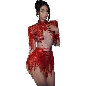 2 Pieces Sequin Tassel Bodysuit Women Sexy Gold Long Sleeve Fringe Latin DS Stage Costume Performance Nightclub Bar Dj Singe (slive) in Kuwait