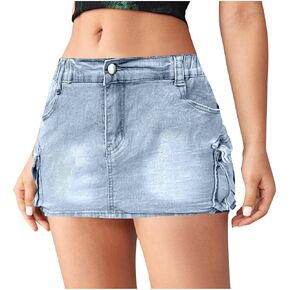 High Stretchy Cargo Skirt for Women, Low Waist High Waisted Y2k Mini Jean Skirt Cute Denim Skirt with Pockets