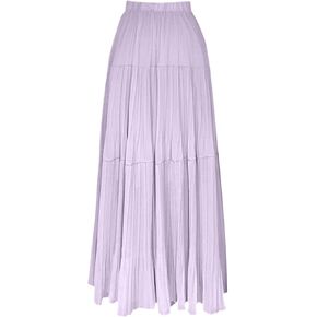 Women's Summer Chiffon Maxi Skirts Pleated Elastic Waist A-Line Flowy Tiered Beach Dress Pleated Swing Long Skirt