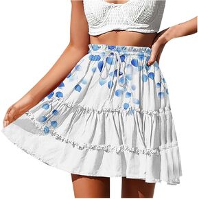 Flowy Skirts for Women Summer Beach Vacation Casual Boho Floral Print Ruffle Tiered Skorts High Waist Mini Skirts